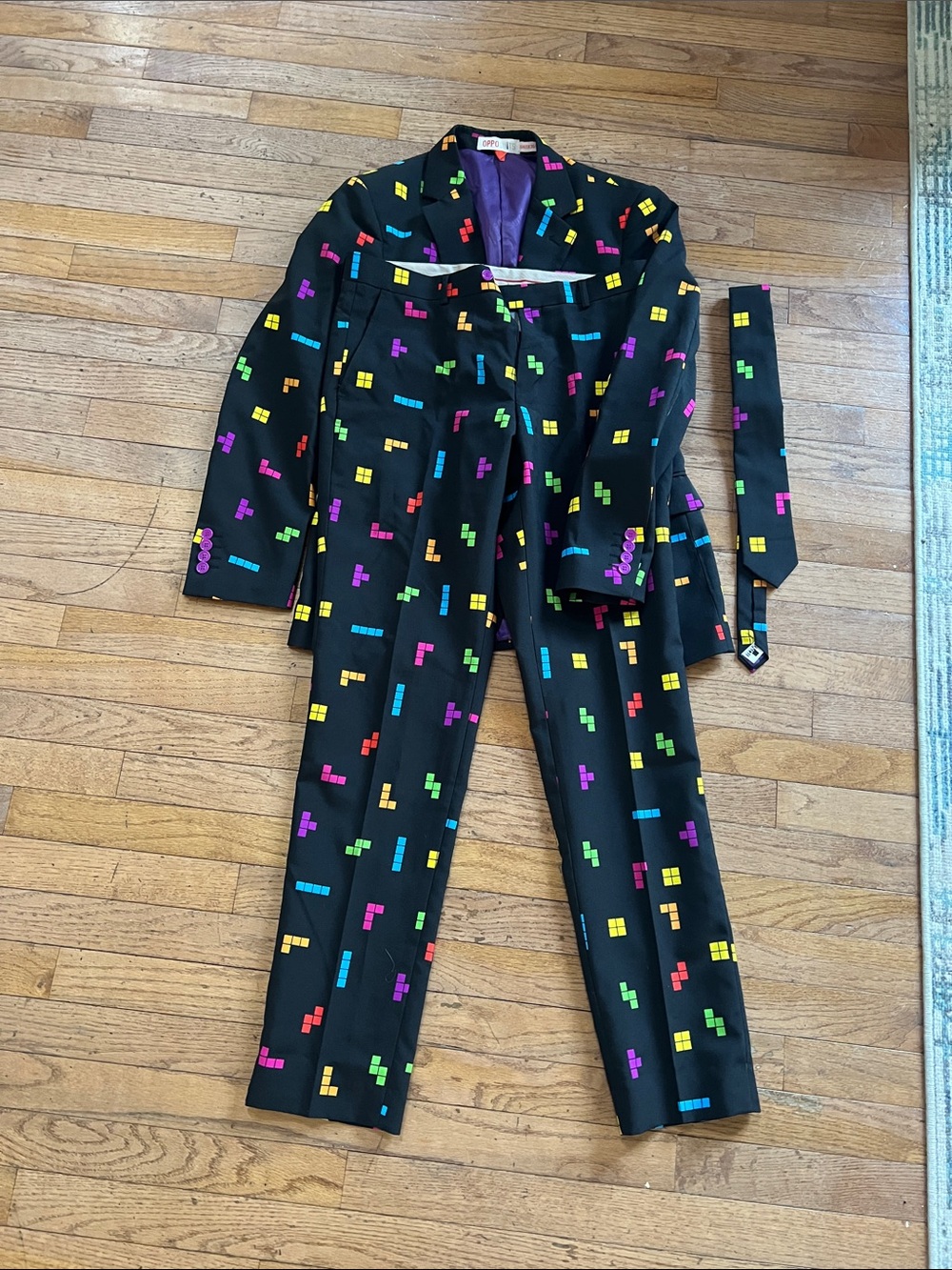 OppoSuits Tetris Suit 3 Piece Set Black Colorful Video Game Suit wTie US36 EU46